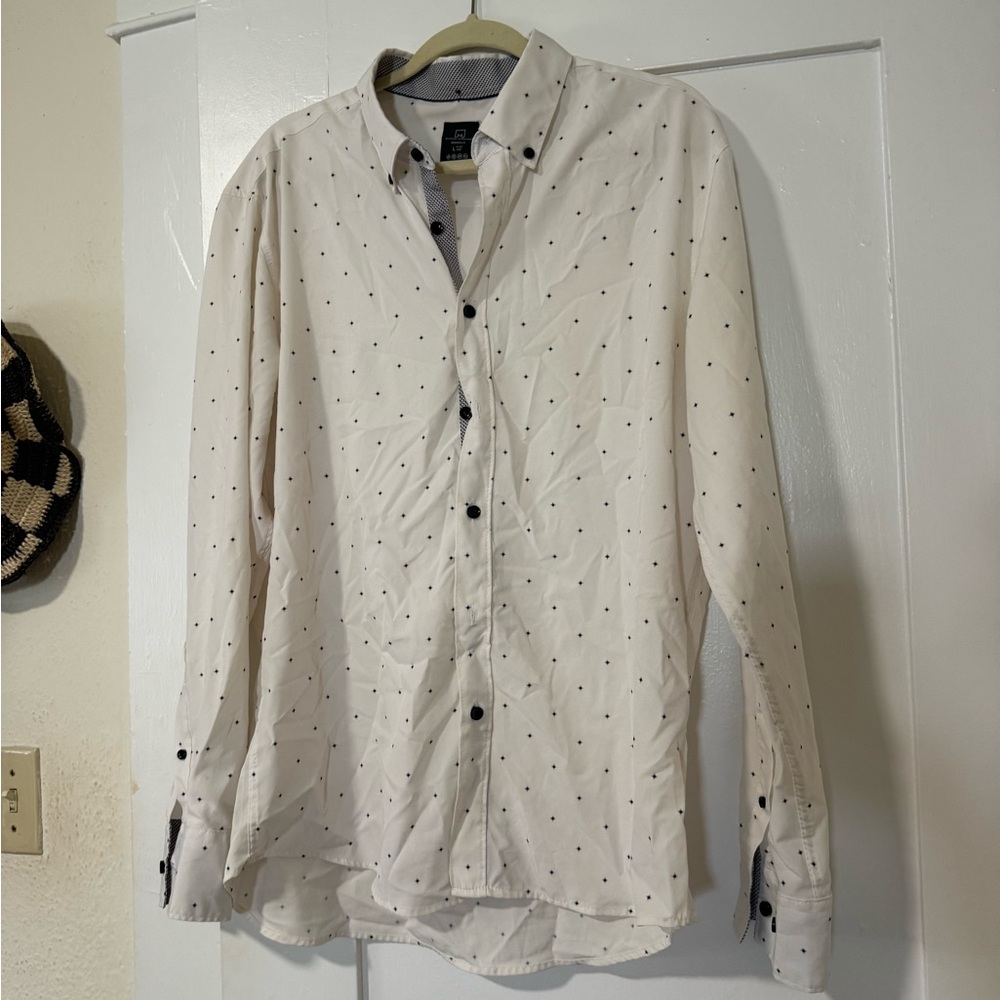 Men’s White Dress Shirt with Black Dots, Large